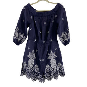 Farm Rio for Anthropologie Navy Blue Jackie Embroidered Romper Sz XS